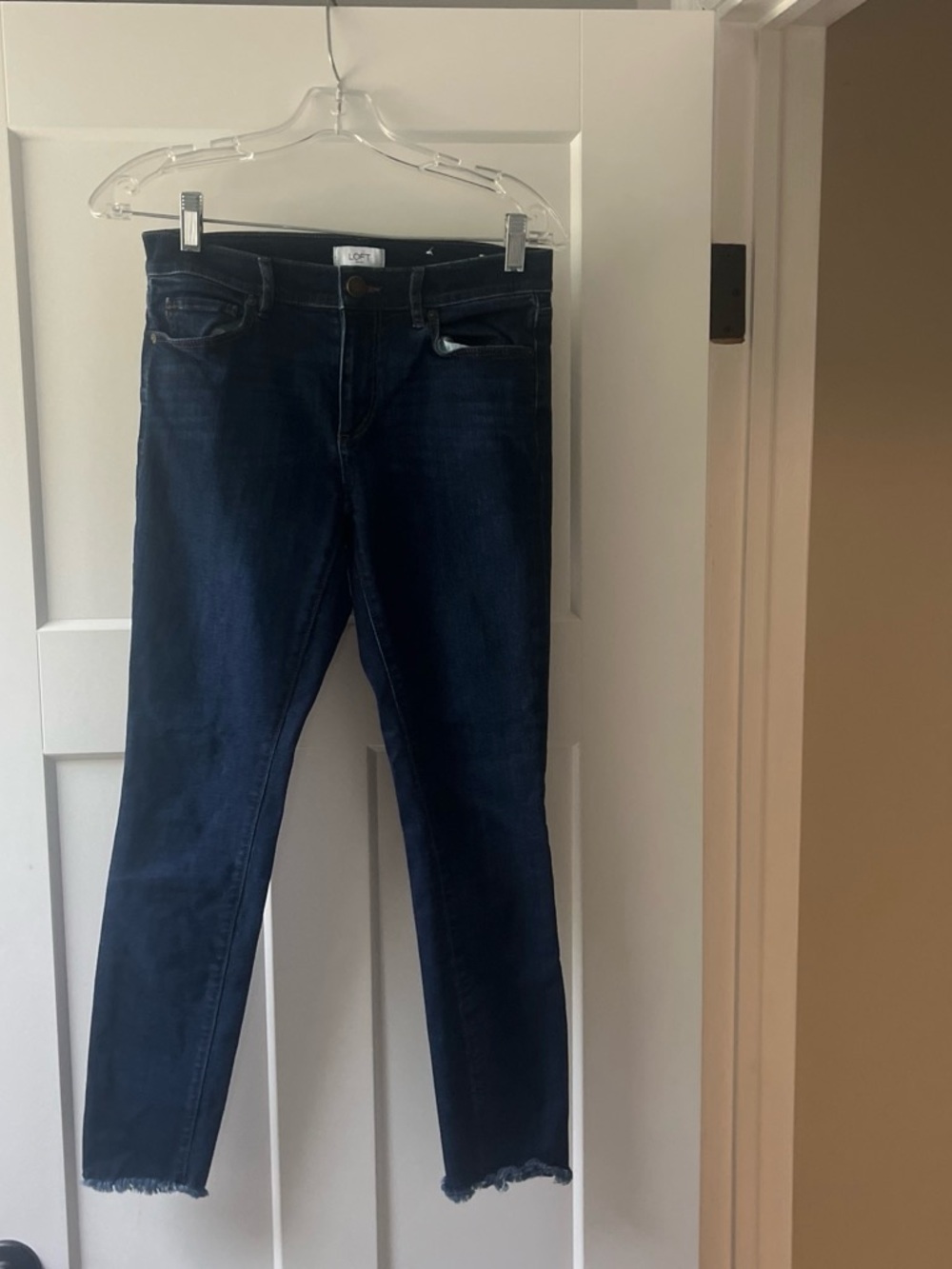 LOFT Dark Indigo Skinny Jeans with Raw Hem